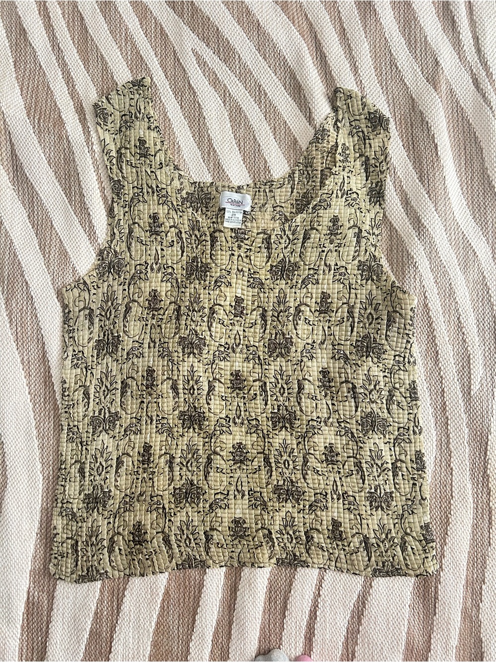 Vintage Plus size Sleeveless Ruched Tank Top - Beige & Black Floral Print - 2X